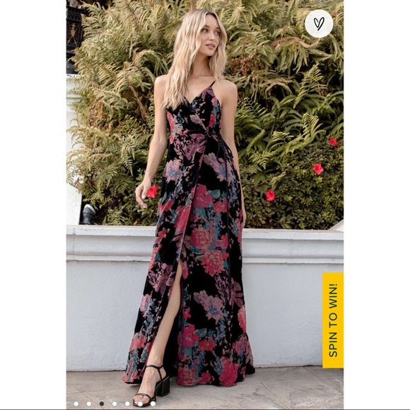 Lulus NWT Mood for Romance Black Floral Print Velvet Wrap Maxi Dress 👗 - Picture 3 of 10